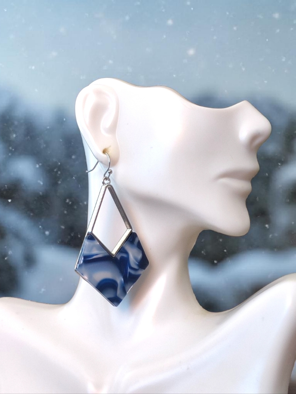 Modern Blue Marbled Geometric Drop Earrings